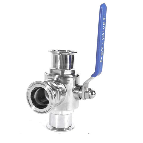 1.5-inch sanitary tri-clamp ball valve, 3-way T-port, blue lever, stainless steel 304, PTFE-lined.