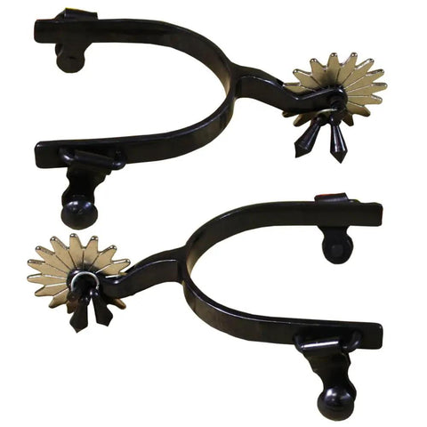 Black Steel Western Jingle Bob Spurs For Men Slim Band Style With One Half Inch Fit And Two Inch Shank, close-up view.