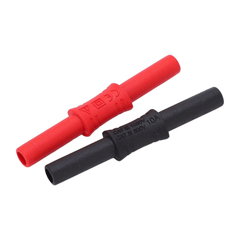 Banana connector pair, insulated 4mm female-to-female, red and black with PVC sleeves