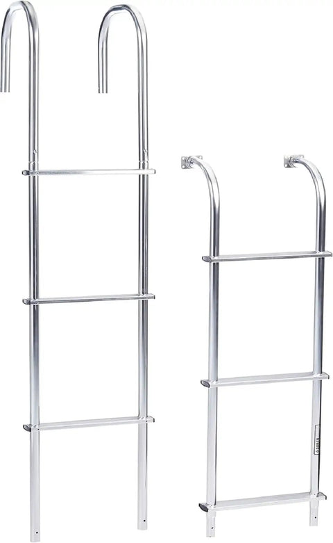 502L Universal Straight RV Exterior Ladder For All Motorhomes With Vertical Rear Panel, Aluminum Construction, Polished Finish, upper mounts visible