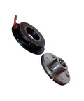 LB102-006 electromagnetic brake, 24V dry single-plate; two-piece black housing and silver rotor, angled view