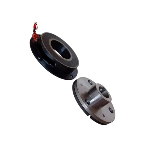 LB102-006 electromagnetic brake, 24V dry single-plate; two-piece black housing and silver rotor, angled view