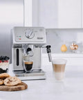 Silver 15 Bar Espresso Coffee Machine With Adjustable Brewing Controls For Homemade Cappuccinos And Lattes in modern kitchen.