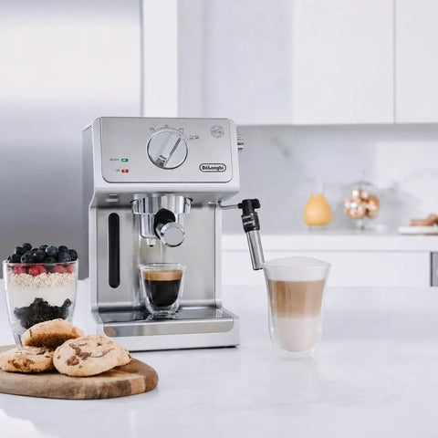 Silver 15 Bar Espresso Coffee Machine With Adjustable Brewing Controls For Homemade Cappuccinos And Lattes in modern kitchen.