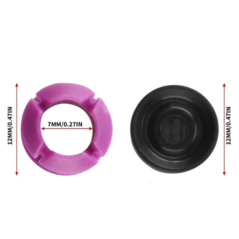 Transmission Shift Cable Bushing And Install Tool Kit components in purple and black, shown with dimensions for size reference.