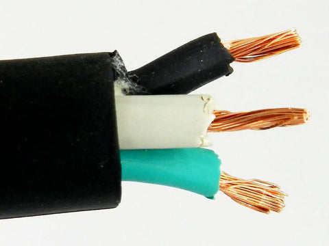Close-up of 100 Foot 10 AWG 3 Conductor SOOW Power Cord Built Tough Flexible Outdoor Cable Pro Grade showing copper wires.