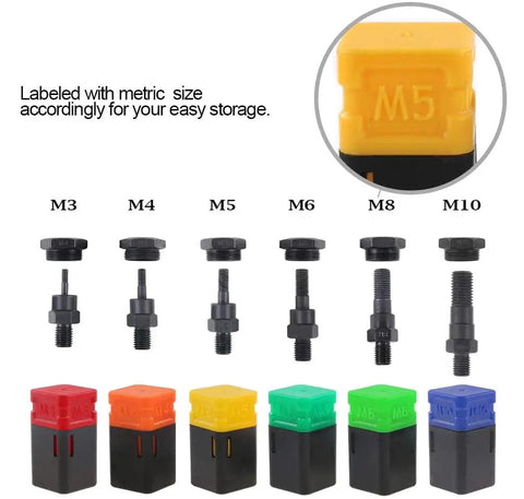 Rivet Nut Gun Kit 1510 Pcs Hand Rivet Nut Tool And Set With 6 Mandrels M3 to M10 shown with colored storage caps