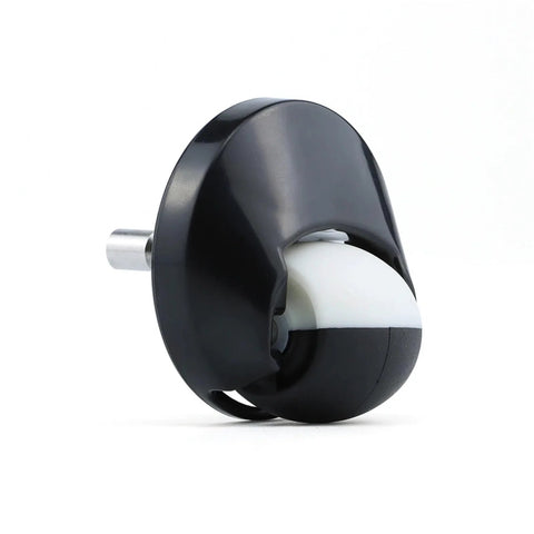 Front view of Roomba front wheel caster assembly; black housing, white wheel, metal axle (2 pcs)