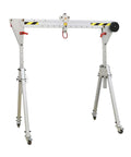 Built Tough Portable Aluminum Gantry Crane Equipped With Smooth Rolling Casters And Quick Height Adjustments For Heavy Duty Garage And Workshop Projects viewed from the front.