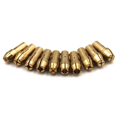 Heavy Duty Brass Micro Collet Chuck Adapter Set For Dremel Rotary Tools 0.5 To 3.2mm showing ten brass collets arranged in a curved line.
