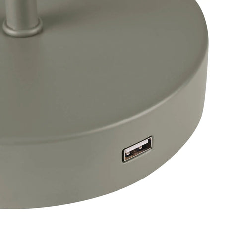 USB port detail on Lofty Industrial 18 Inch Desk Lamp With 2.1 USB Port In Matte Sage Green And Brass Accents Push Button On Off