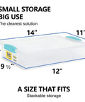 Large 6 Quart Plastic Storage Containers With Lids 14 X 11 X 3 Inches, stackable clip boxes for organizing, side view