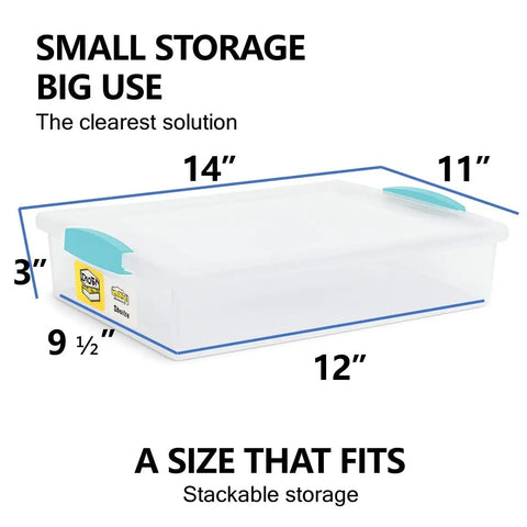 Large 6 Quart Plastic Storage Containers With Lids 14 X 11 X 3 Inches, stackable clip boxes for organizing, side view