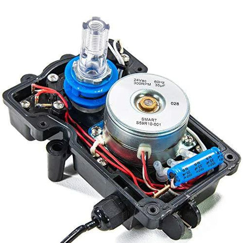 24V valve actuator with black housing, blue cap, and silver motor.