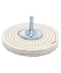 Shop Ready 4 Inch Cotton Spiral Buffing Wheel For Bench Grinder With Quarter Inch Mandrel Built Tough, viewed from the side.