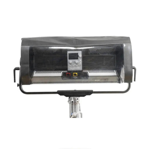 Front view of Nova P600c Rain Shield For LED Panels showing nylon cover on light fixture, protecting controls and ports.