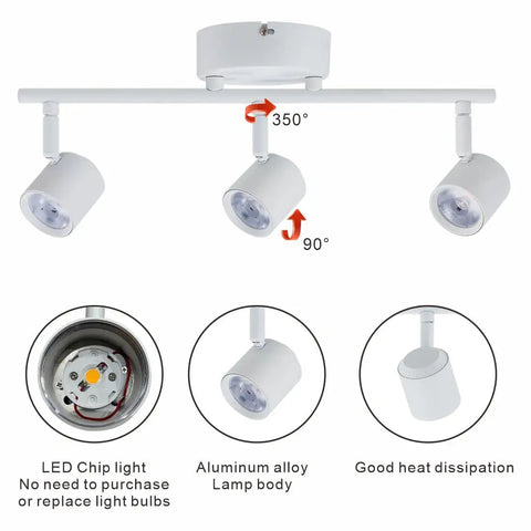 Arcfox 24W Three Light LED Track Lighting Kit With Dimmable Rotatable Heads 3000K Warm White ETL Listed CRI90 shown with rotation angles.