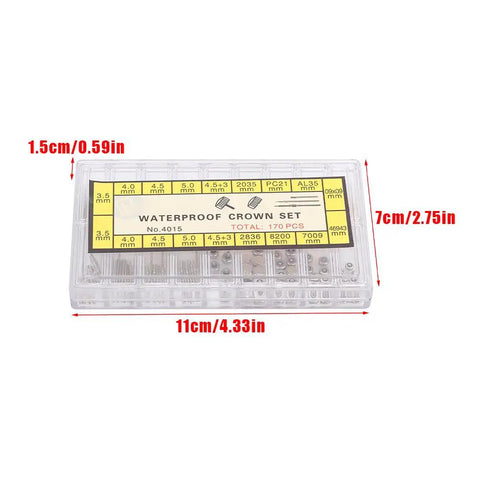 Watch Repair Kit With Stainless Steel Crown And Stem Set, Winding Stems Replacement in clear storage box, 170 pieces visible