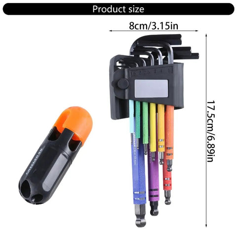 Get Your Hands On This 9 Pcs Long Arm Hex Key Set L Wrench Kit For Serious Screw Repair. Made From Hardened Steel With Hrc62 Rating To Prevent Breakage And Offer Non-Slip Grip For Pros And Hobbyists Alike Who Need Reliable Tools That Actually Last. 9-piece hex key set in holder, 8cm wide and 17.5cm tall, hardened steel