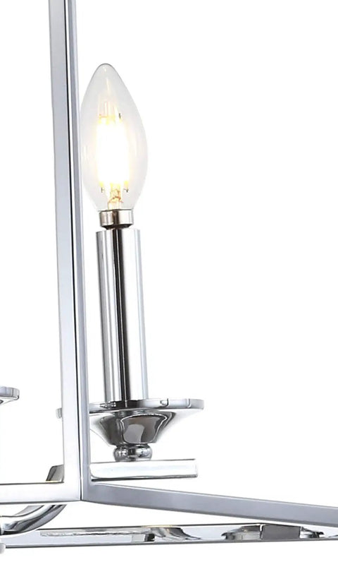 Close-up of Chrome 4-Light Lantern Pendant Light, Adjustable LED Ceiling Fixture for Kitchen Island, ETL Listed, modern metal bulb detail