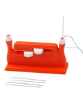 Two-Piece Do-It-All Double-Head Needle Threader Set For Easy Threading, orange plastic guide tool with needles