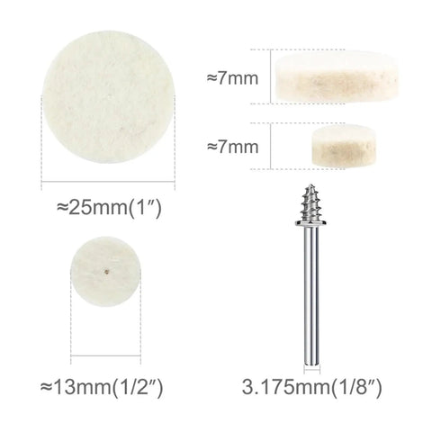 Get Ready To Shine Those Parts With This Cool Wool Felt Polishing Wheel Set That Fits Your Rotary Tool Perfectly And Handles Buffing Jobs Without A Scratch For Sure. Wool felt polishing discs with dimensions 25mm and 13mm.