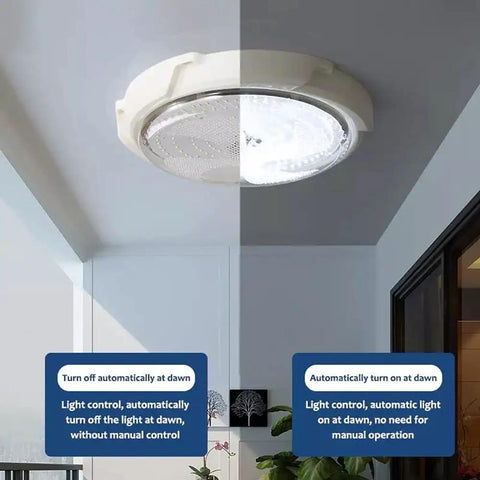 Solar Shed Light With Dimmable Remote Control 1000 Lumen LED mounted on ceiling indoors showing automatic on-off feature