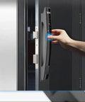 Slick Smart Lock Featuring Rapid Fingerprint Scanner Digital App Control remote access on a black door handle.