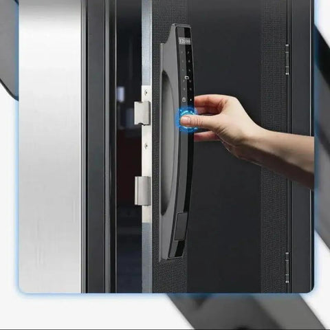 Slick Smart Lock Featuring Rapid Fingerprint Scanner Digital App Control remote access on a black door handle.