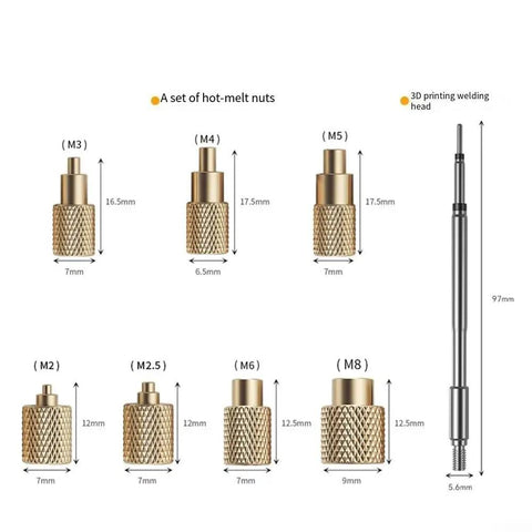Nut Insertion Kit For 3D Printing Projects M2 To M8 Changeable Tips Metal Construction shown with dimensions