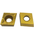 Carbide turning inserts CCMT09T304/CCMT32.51, multilayer coated, gold-tone with center bore; 2 pcs, Amazon.
