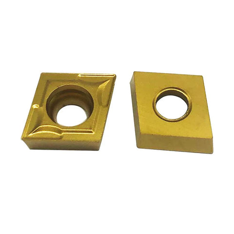 Carbide turning inserts CCMT09T304/CCMT32.51, multilayer coated, gold-tone with center bore; 2 pcs, Amazon.