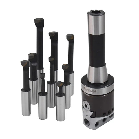 Two Inch Boring Head Set With Half Inch Hole Nine Pack Carbide Boring Bars For Milling Machines R8 Shank Durable Ground