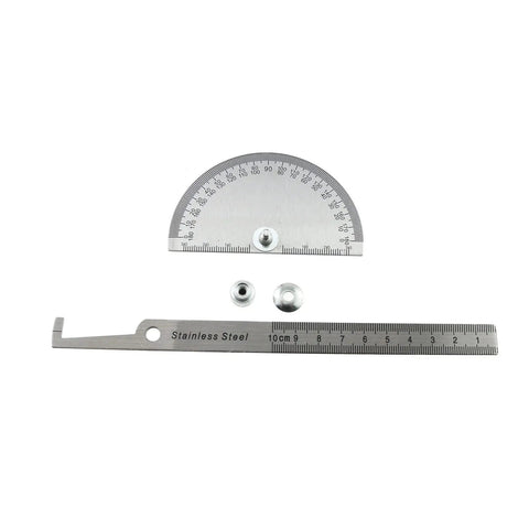Heavy Duty 0 To 180 Degree Protractor Angle Finder With Rock Solid Stainless Steel Rotary Arm And 100 Millimeter Scale on a flat surface.