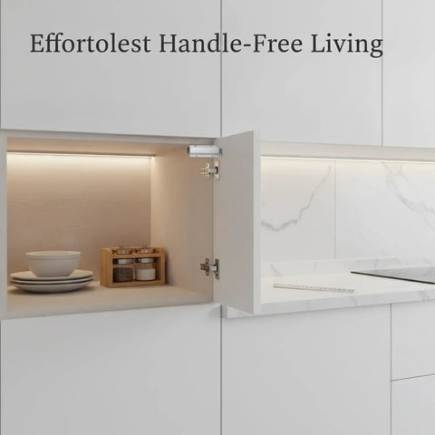 Push To Open Cabinet Latch Aluminum Alloy Handle Free Catch mounted in a sleek kitchen cabinet with open door.