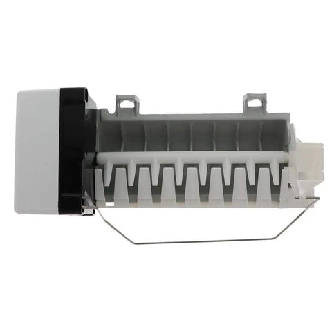 Side view of Replacement Icemaker For Whirlpool, KitchenAid, Kenmore And More, rear freezer model with metal and plastic parts.