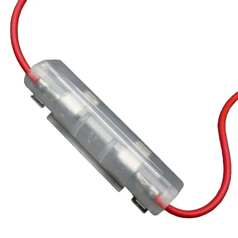 Close-up of Heavy Duty Inline Fuse Box Holder With No Nonsense Plug And Play Wiring Harness And Street Ready 10 Amp Blade Fuse.