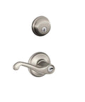 Single Cylinder Deadbolt With Keyed Entry And Flair Lever Lockset In Satin Nickel Finish, showing front view of lock and lever