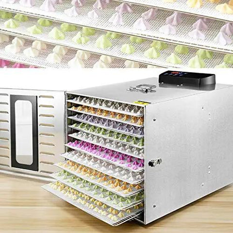 Top Shelf Heavy Duty Ten Layer Stainless Steel Electric Food Dehydrator With Digital Timer And Adjustable Trays For Making Jerky Fruits Vegetables And Pet Snacks, open with colorful trays.