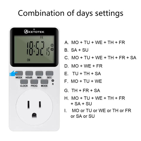 Slick Digital Plug In Timer Socket Featuring A Spacious Lcd Screen And Super Easy Push Button Programming for time settings.