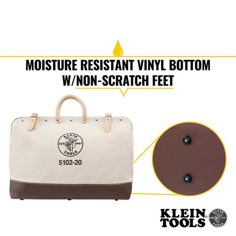 Heavy Duty Natural Canvas Tool Bag With Wide Hinged Opening, Leather Handles, Riveted Construction, Moisture Resistant Vinyl Bottom