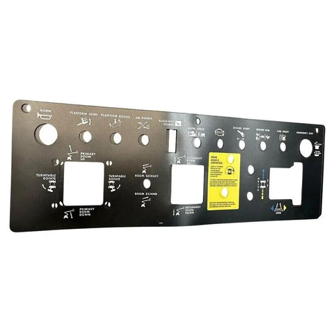 Platform Control Panel Decal Replacement Kit For Boom Lift Z-45/25 IC Models Z-45/25J IC Z-45/22 IC Built Tough With High Quality Components Pressure And Computer Tested For Dependable Performance And 6 Months Unlimited Warranty. black control panel decal sheet with cutouts