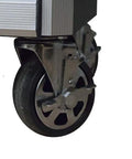 Close-up of wheel on 27-Inch Two-Drawer Slide-Top Locking Service Cart Black Beefy Heavy-Duty Professional Series Utility Cart