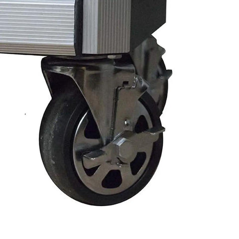 Close-up of wheel on 27-Inch Two-Drawer Slide-Top Locking Service Cart Black Beefy Heavy-Duty Professional Series Utility Cart