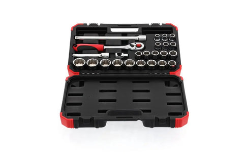Red Half Inch Drive Socket Set, 24 Piece Bi-Hex Sockets From 10mm To 32mm, 72-Tooth Lever Change Ratchet, 125mm To 250mm Extension, T Handle, And Three-Eighth Inch To One-Half Inch Adapters, Built For DIY Or Pro Use