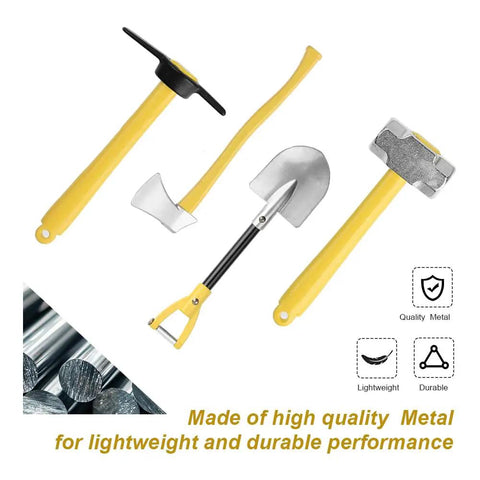 Metal Mini Shovel, Hammer, Axe And Pickaxe Scale Decoration Set With Plastic Organizer Plate for RC crawlers and cars.