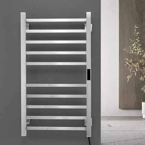 Silver 6 Bar Electric Heated Towel Rack Wall Mount Plug In Towel Warmer With Brushed Finish Timer Control against gray wall