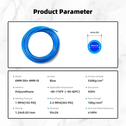 Blue PU pneumatic tubing coil, 6mm OD x 4mm ID, 39.4 ft, for air or fluid transfer