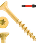 Exterior Deck Screws Kit 400 Pcs Size 8 X 1 Inch Yellow Ceramic Coating, close-up view, with T25 star drive bit for outdoor projects.
