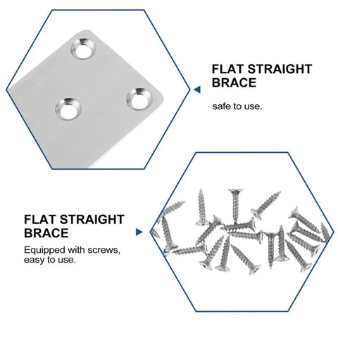 Stainless Steel Straight Flat Brace Brackets For Furniture Support with screws, durable metal mending plates for wood repair and joining.
